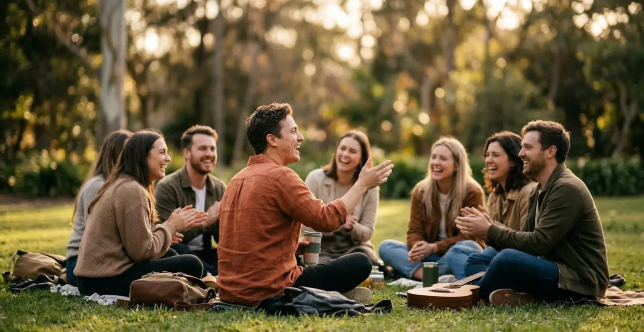 Un petit groupe de personnes assises en cercle dans une ambiance chaleureuse avec une personne au centre captant l'attention