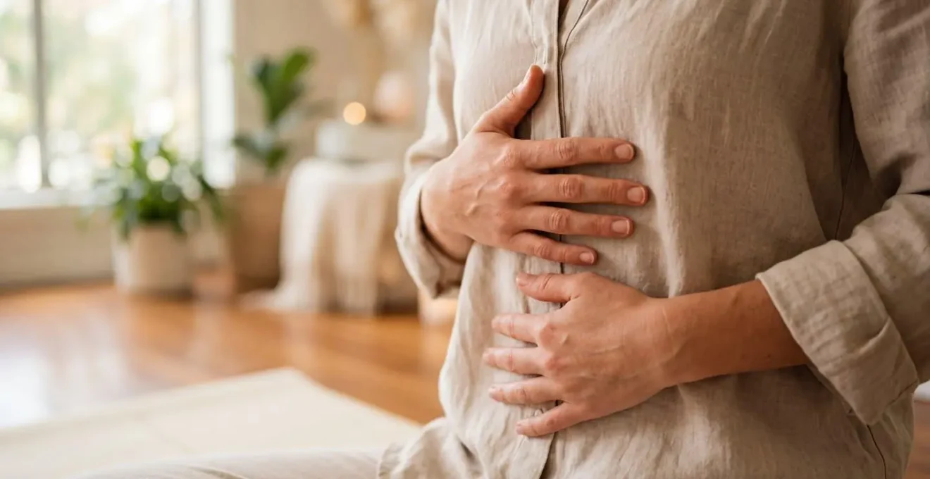 Gros plan sur des mains posées sur le ventre en position de respiration consciente dans un environnement épuré