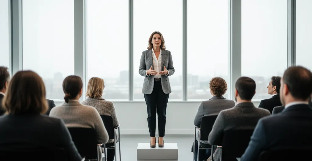 Femme professionnelle prenant la parole avec assurance devant un auditoire en salle de conférence