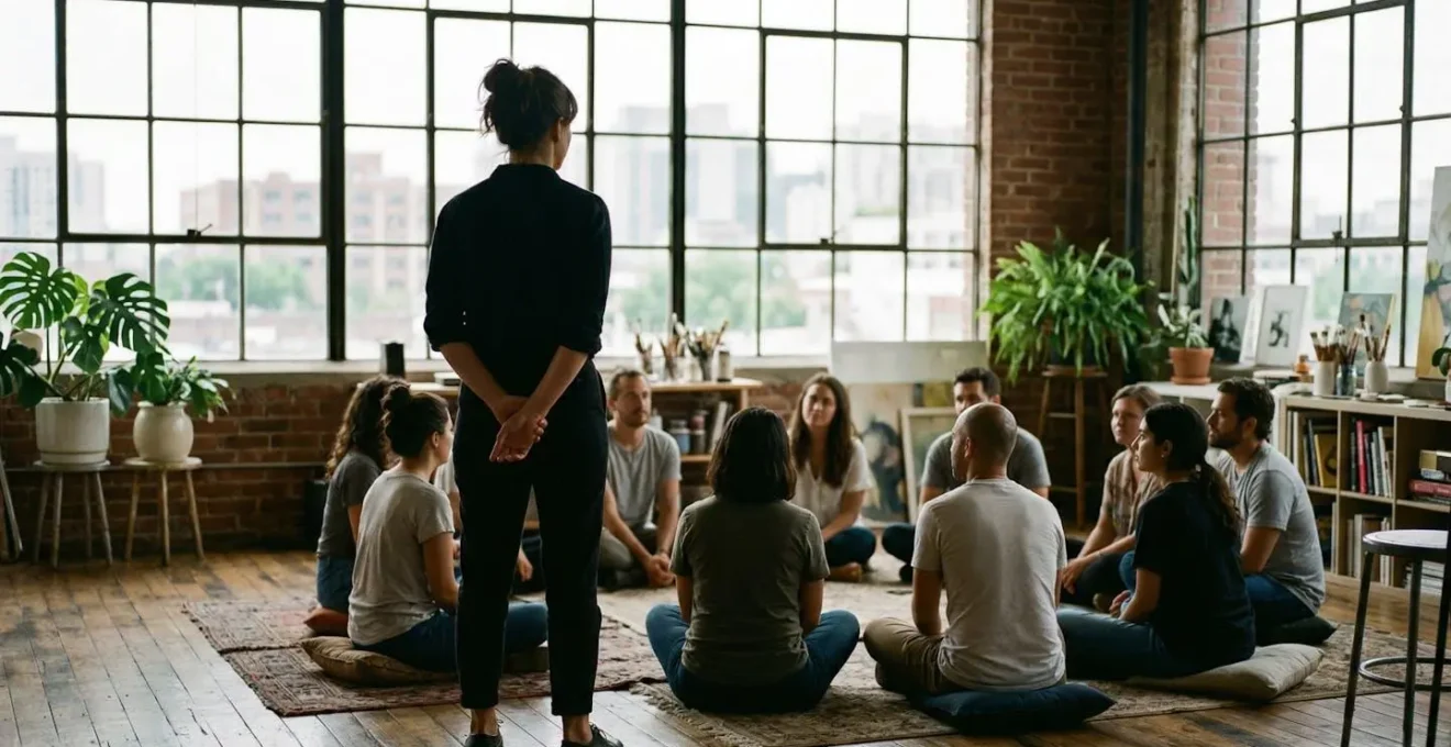 Une silhouette se tient debout face à un groupe assis en cercle dans un loft baigné de lumière naturelle