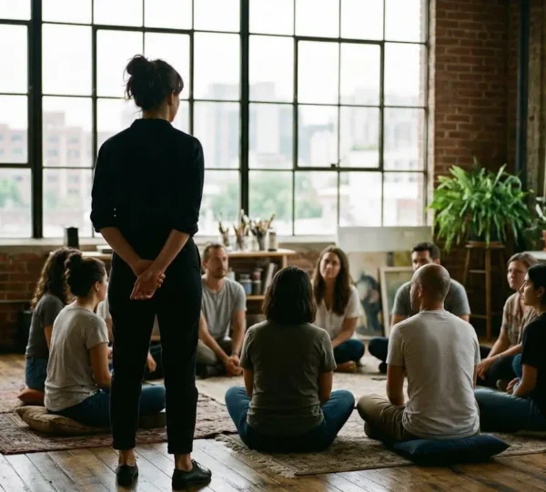 Une silhouette se tient debout face à un groupe assis en cercle dans un loft baigné de lumière naturelle